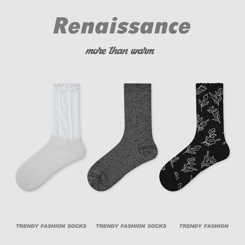 Mid Calf Embossed Floral Combed Cotton Socks