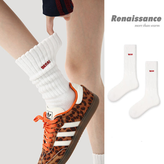 Mid Calf Embroidered Cotton Blend Slouch Socks Vintage