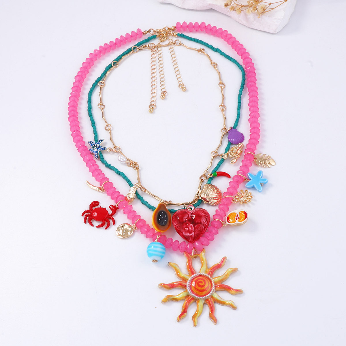 Layered Colorful Pendant Necklace Gold Plated Resort