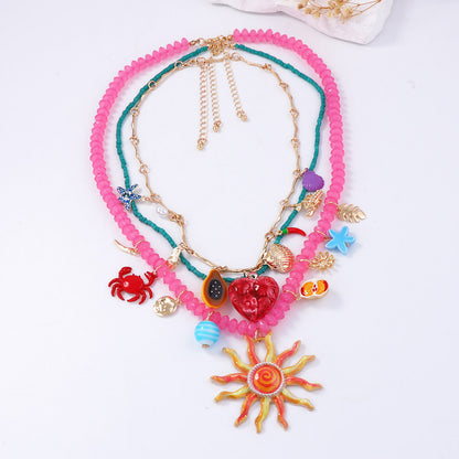 Layered Colorful Pendant Necklace Gold Plated Resort
