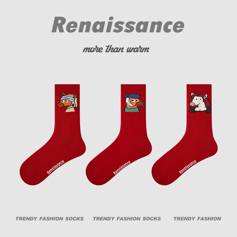 Mid-Calf Horse Motif Combed Cotton Socks
