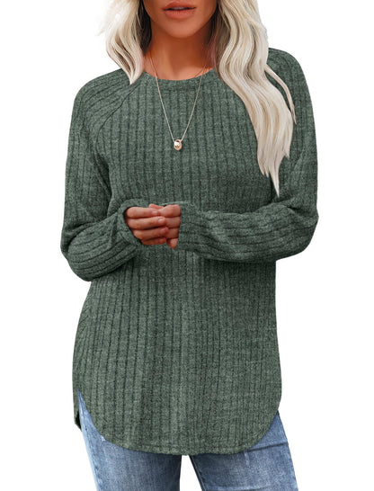 Loose Fit Round Neck Top with High-Low Hem