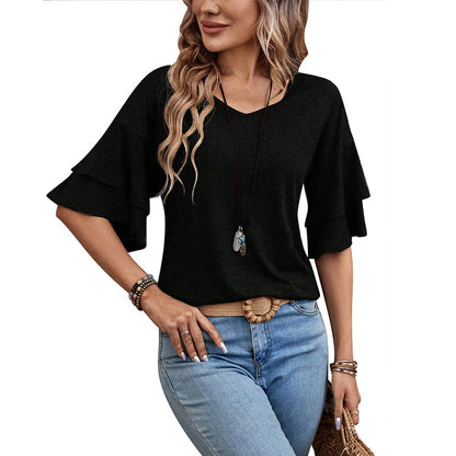 V-Neck Layered Sleeve Loose T-Shirt for Women
