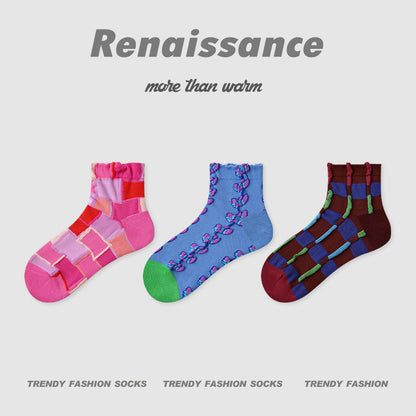 Socks Embossed Floral Combed Cotton Seamless Toe Casual