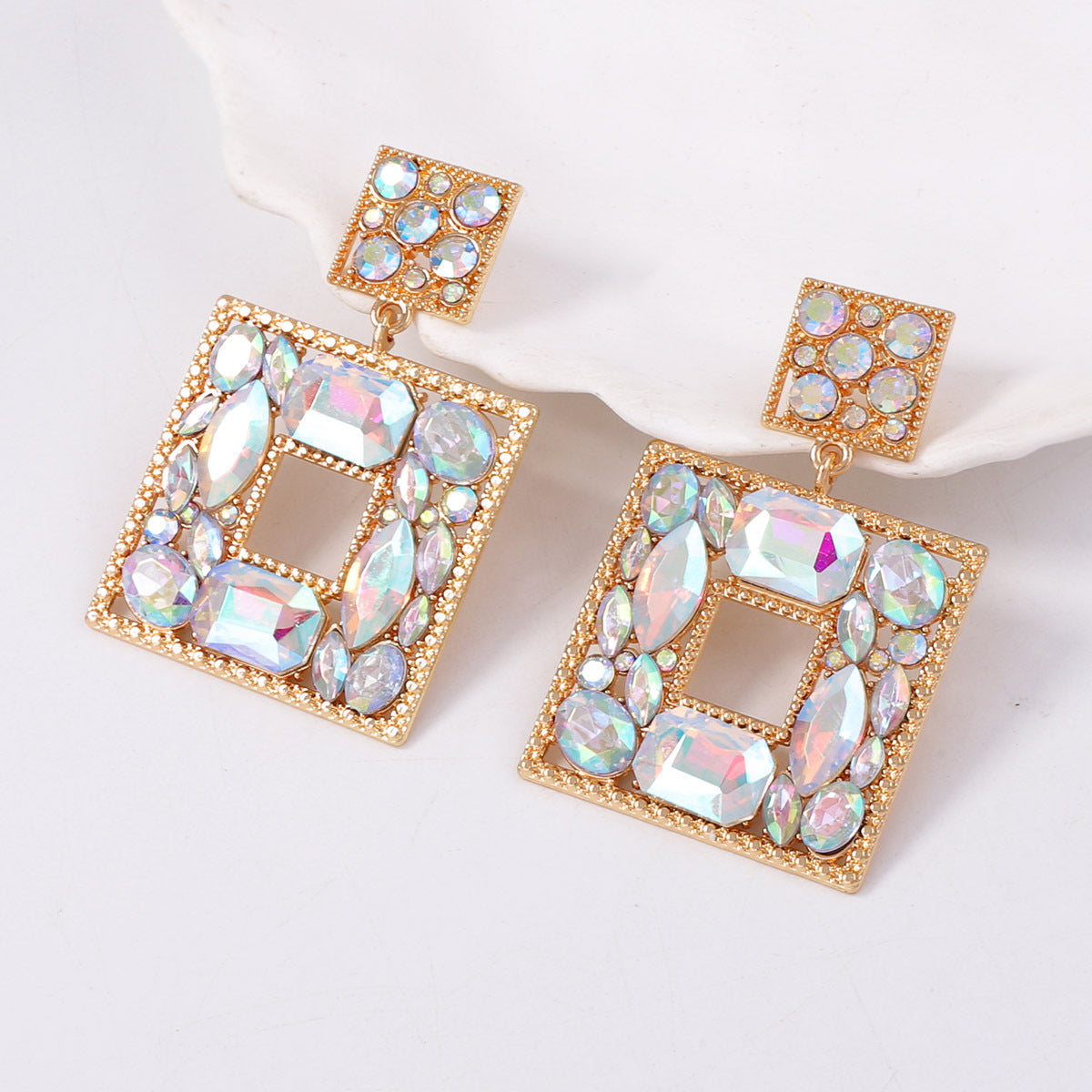 Earrings Geometric Square Colorful Rhinestone Statement