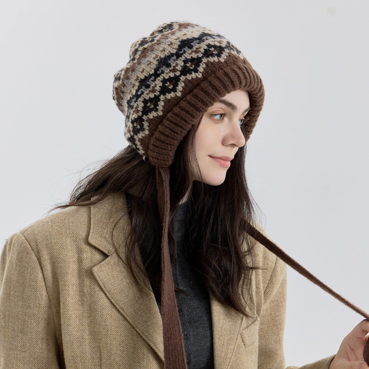 Fair Isle Knit Beanie Hat with Ear Covers - Windproof and Warm