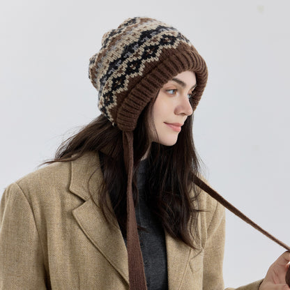 Fair Isle Knit Beanie Hat with Ear Covers - Windproof and Warm