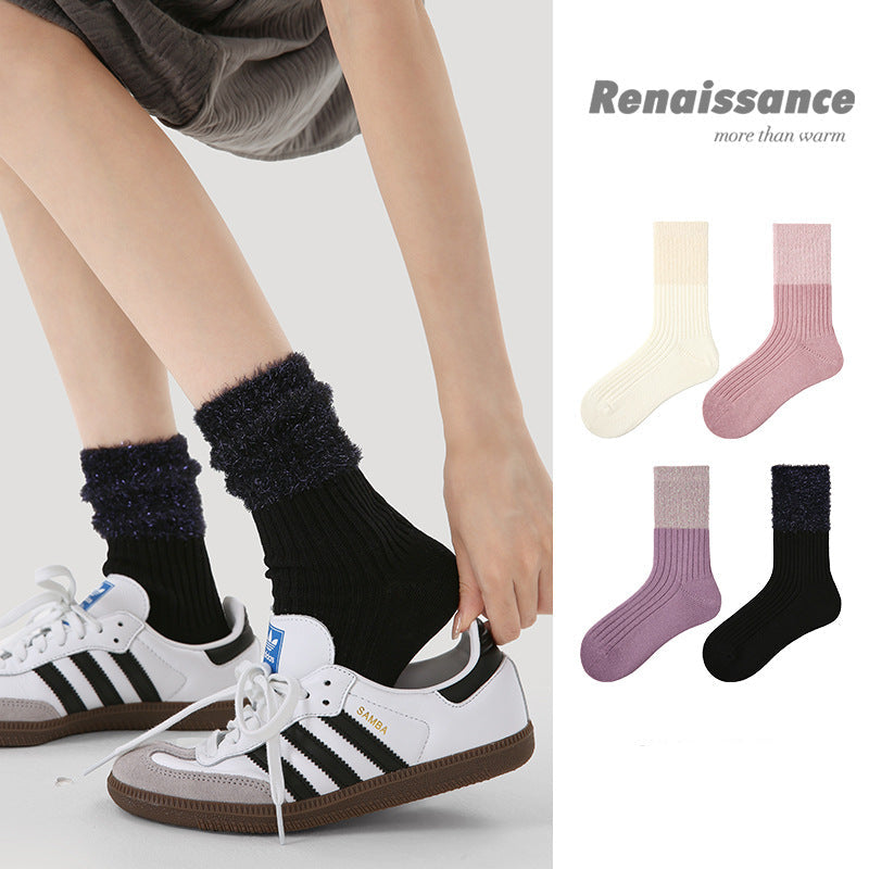Cozy Mid Calf Colorblock Cotton Faux Mink Socks