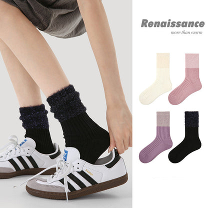 Cozy Mid Calf Colorblock Cotton Faux Mink Socks