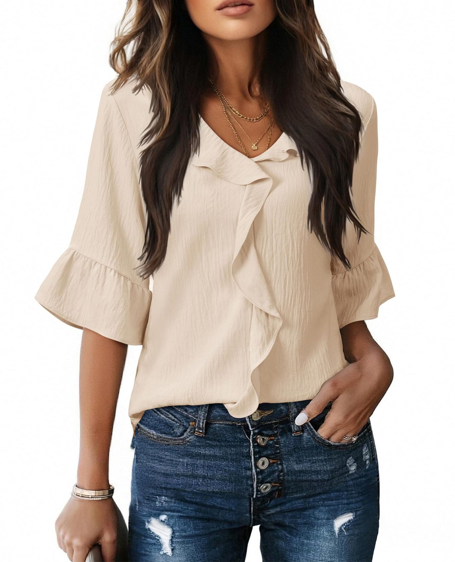 Casual Lantern Sleeve Blouse with Ruffled Hem