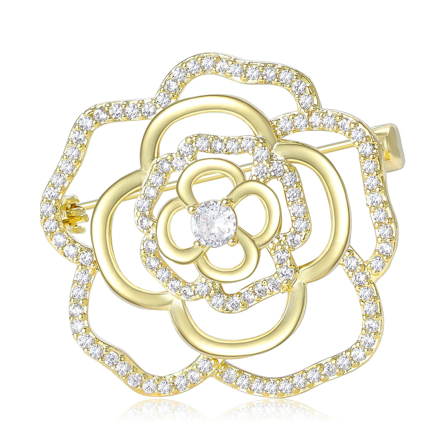 Luxury Camellia Flower Brooch with Zirconia Accents
