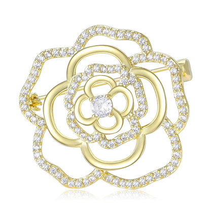 Luxury Camellia Flower Brooch with Zirconia Accents