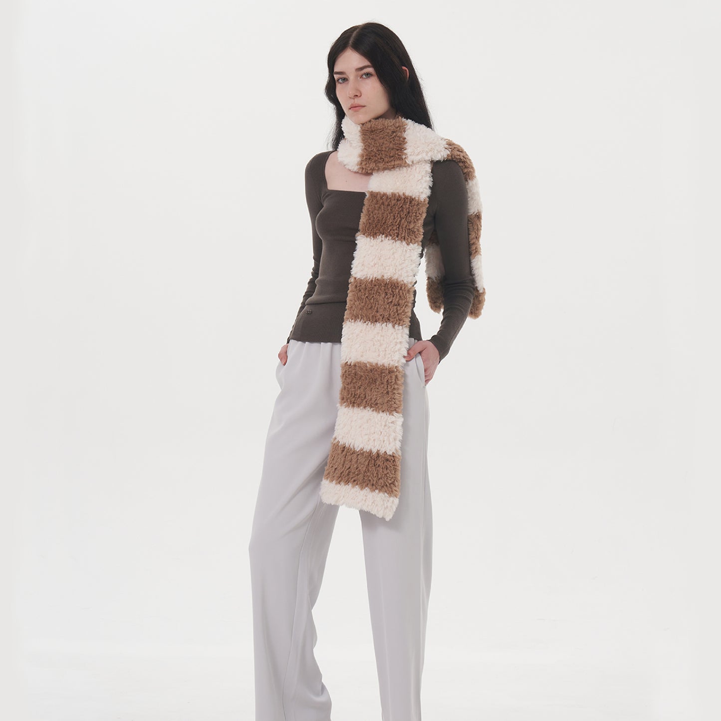 Soft Striped Two-Tone Plush Scarf for Women - Thick and Cozy