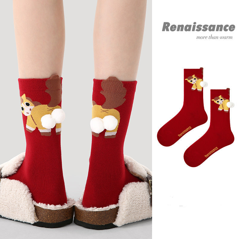 Mid Calf Horse Motif Cotton Blend Comfort Socks