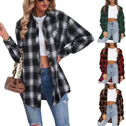 Loose-Fit Flannel Shirt with Button Closure in Plaid