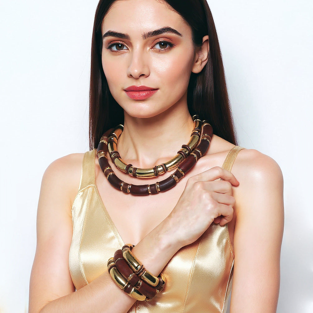Necklace And Bracelet Set Wooden Layered Bamboo Boho