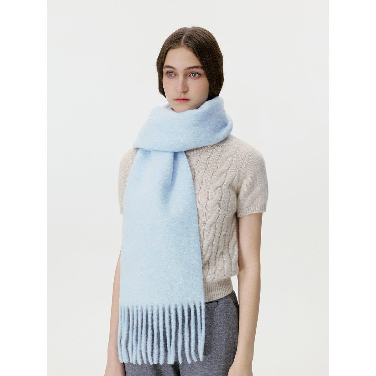 Solid Color Fringed Scarf Stylish Warm Neck Wrap