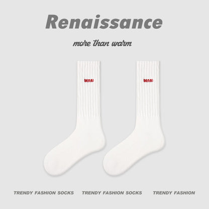 Mid Calf Embroidered Letter Cotton Socks Renaissance