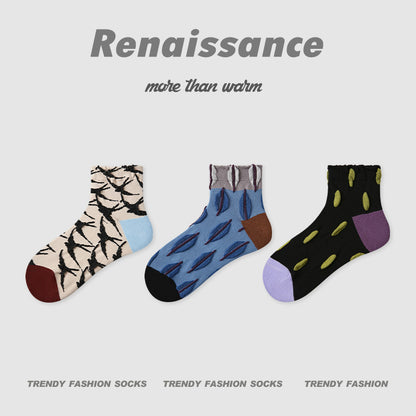Socks Embossed Floral Combed Cotton Seamless Toe Casual