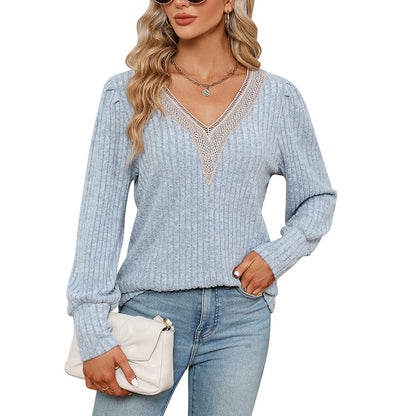 V-Neck Lace Trim Loose Fit Corduroy T-Shirt