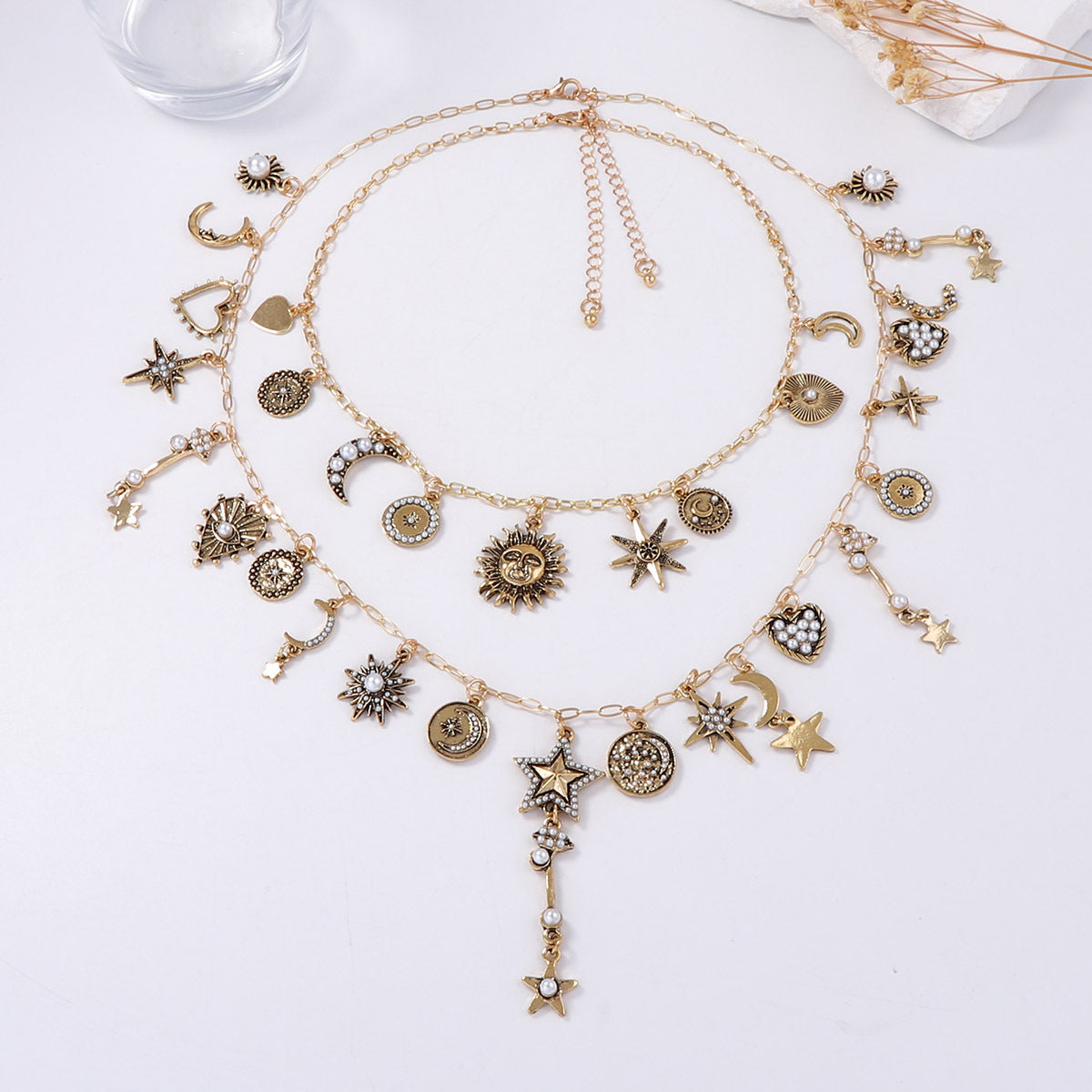 Layered Sun Moon Star Chain Necklace Stackable Chic
