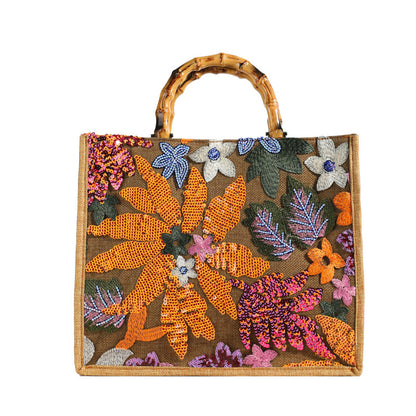 Embroidered Sequin Tote Bag with Floral Detail