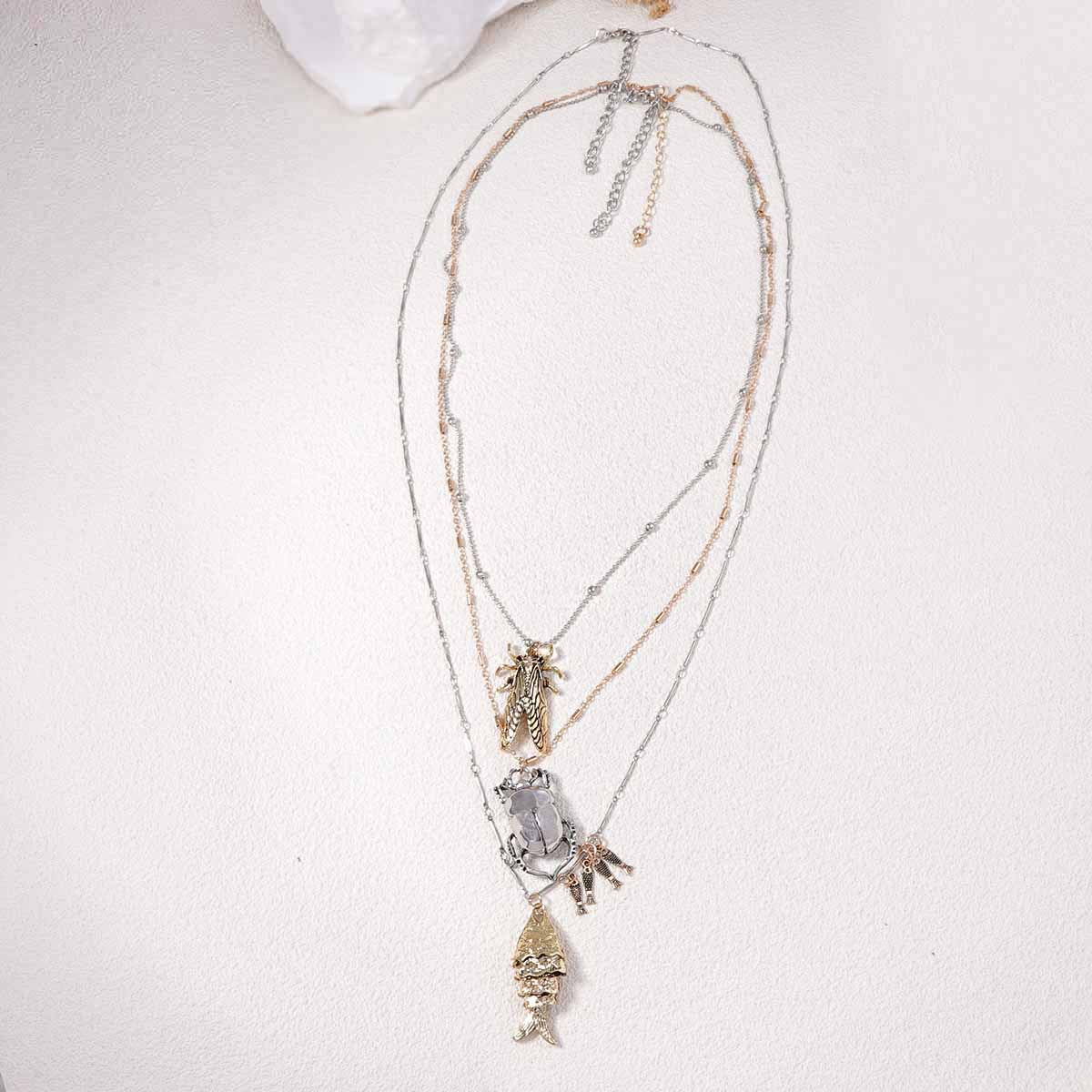 Layered Animal Pendant Necklace Beetle Fish Cicada