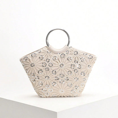 Elegant Seaside Embroidered Floral Tote Bag