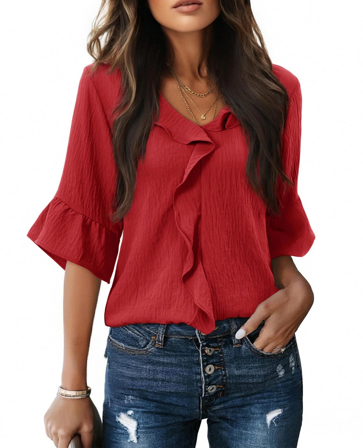 Casual Lantern Sleeve Blouse with Ruffled Hem