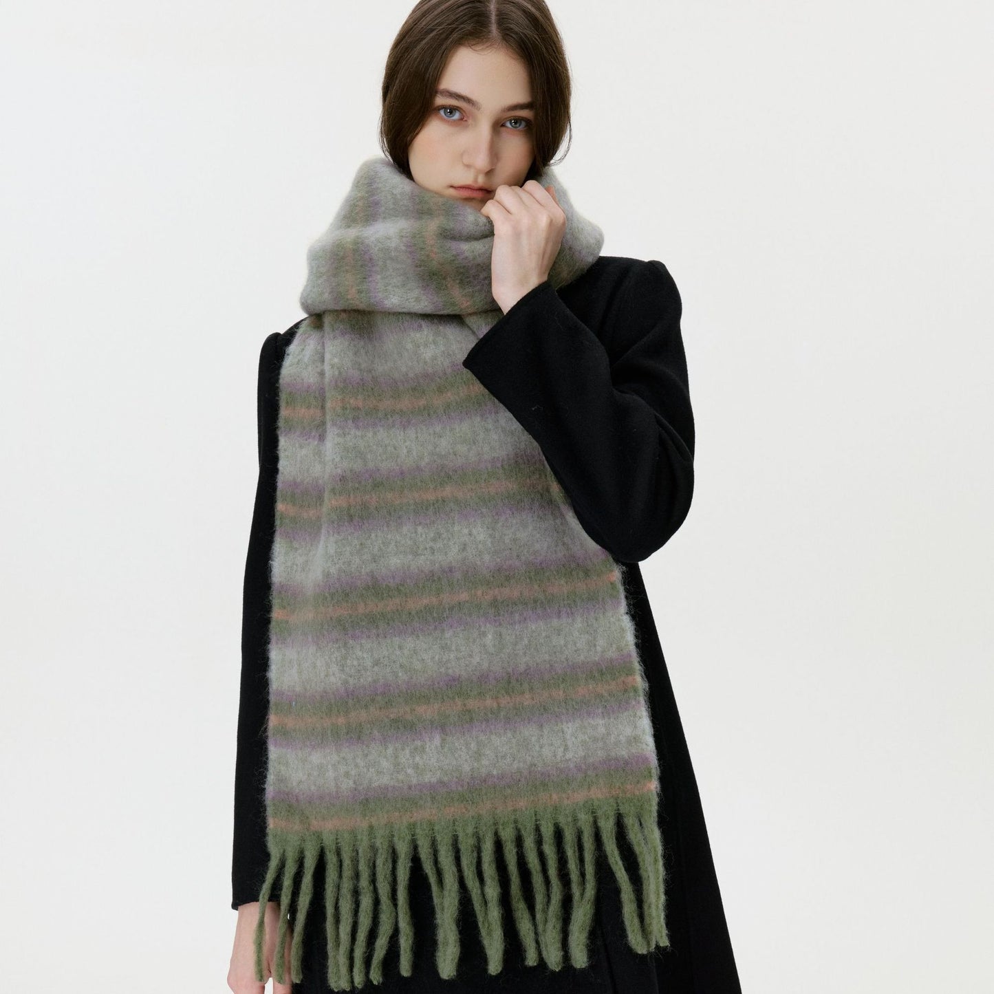 Morandi Color Gradient Striped Wool Fringed Scarf for Men and Women