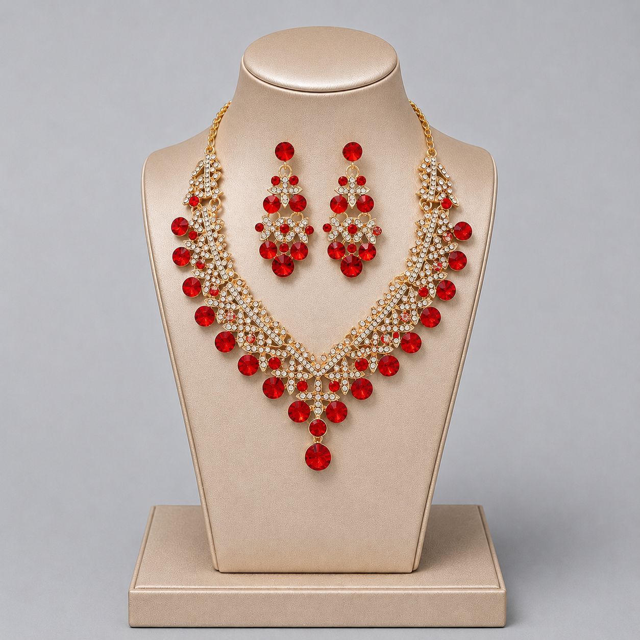 Retro Alloy Rhinestone Jewelry Set Elegant Necklace and Earrings for Evening Wear
