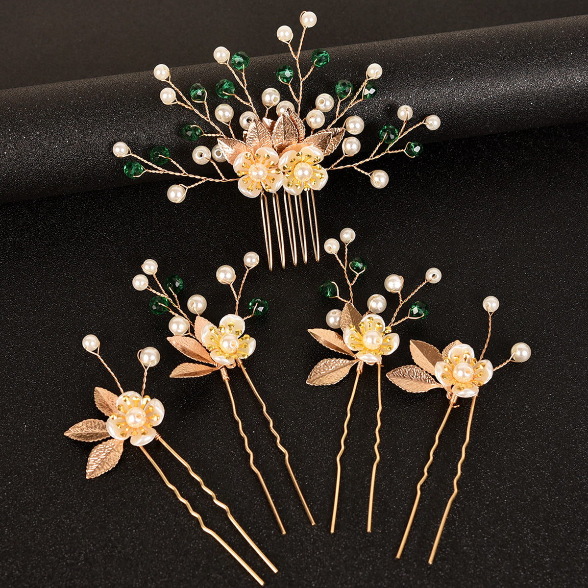 5 Piece Vintage Bridal Hair Clip Set with Pearls and Gold Leaves