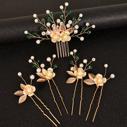 5 Piece Vintage Bridal Hair Clip Set with Pearls and Gold Leaves
