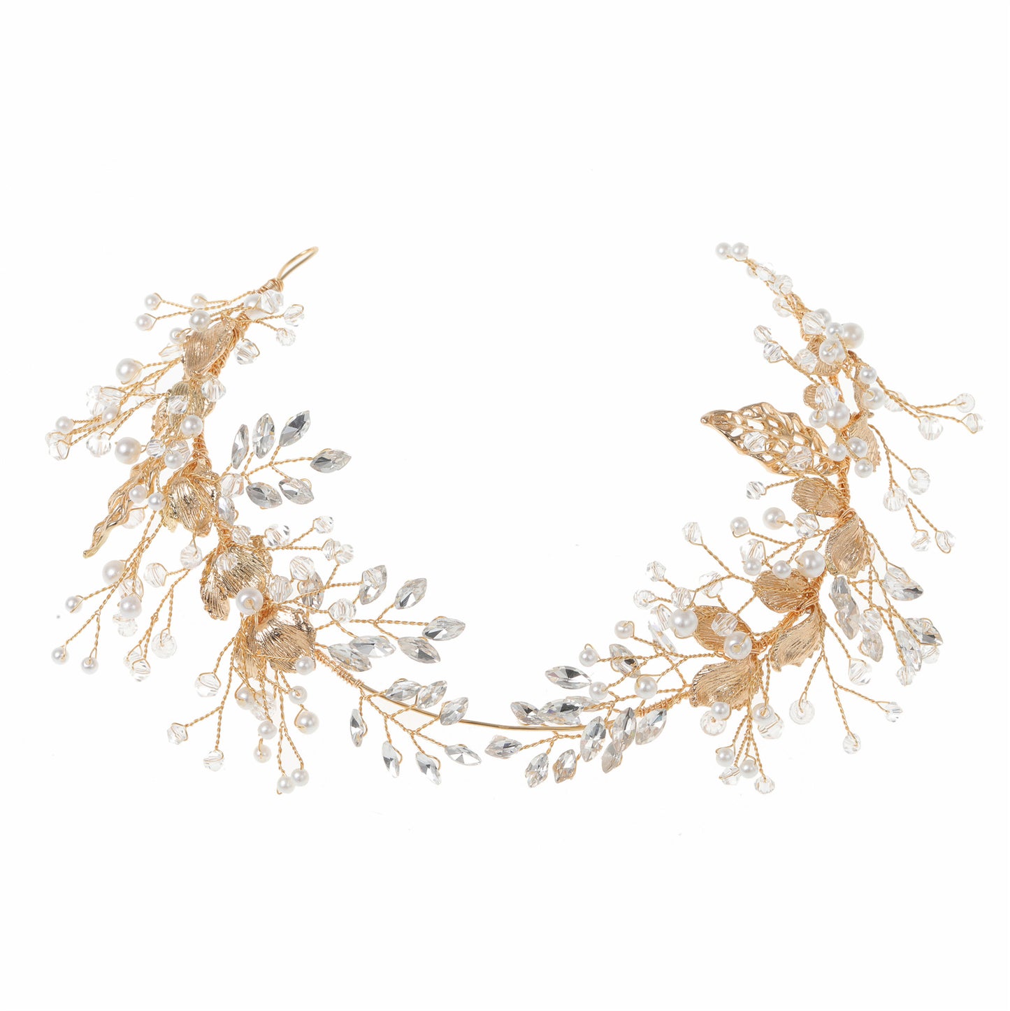 Gold Alloy Leaf Shape Pearl Hairpin Wedding Headpiece