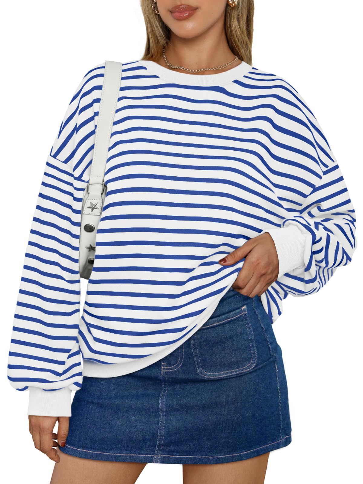 Colorful Striped Crew Neck Loose Sweatshirt for Women