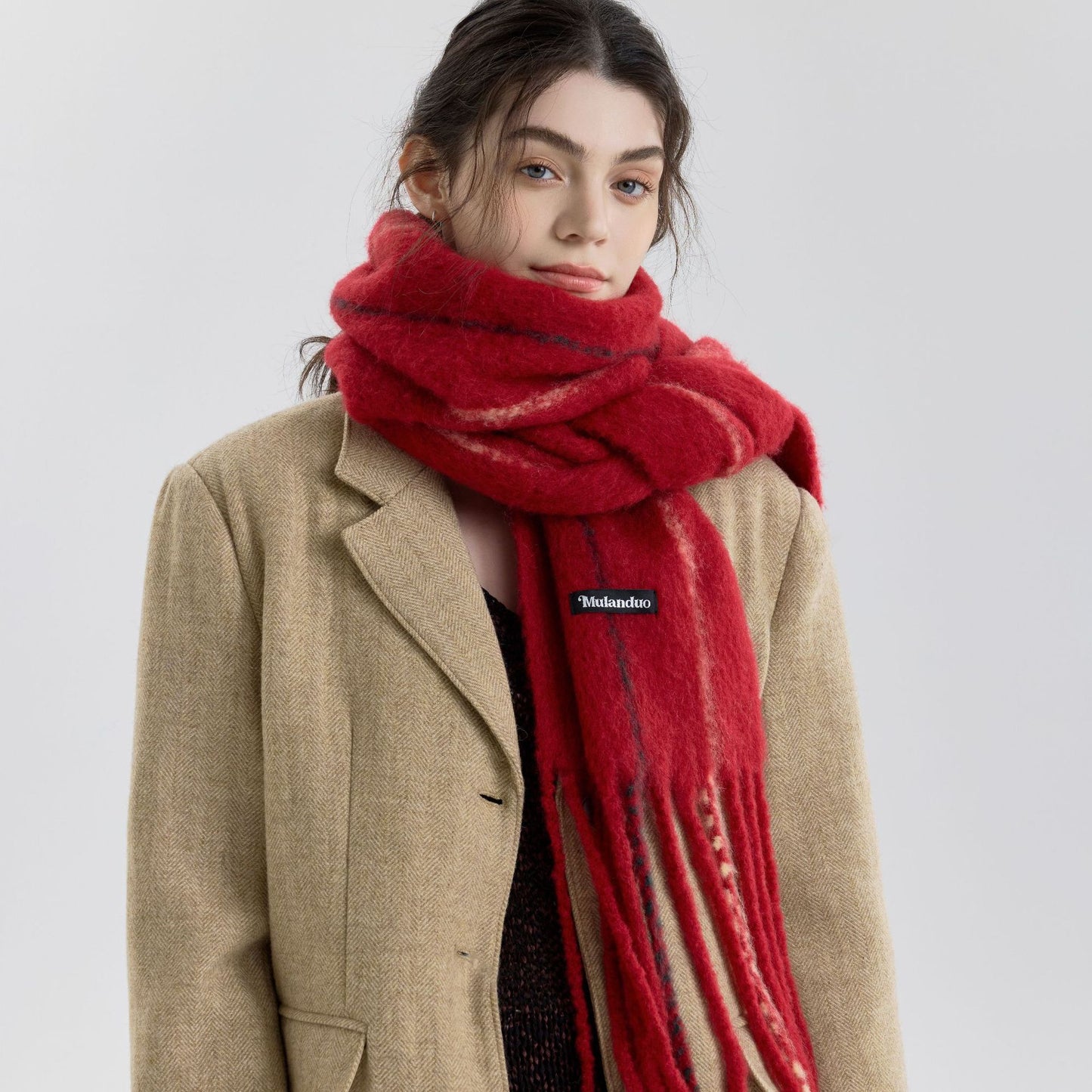 Retro Color-Block Fringed Wool Scarf for Men and Women