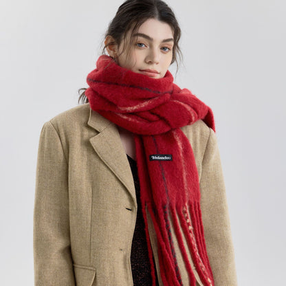 Retro Color-Block Fringed Wool Scarf for Men and Women