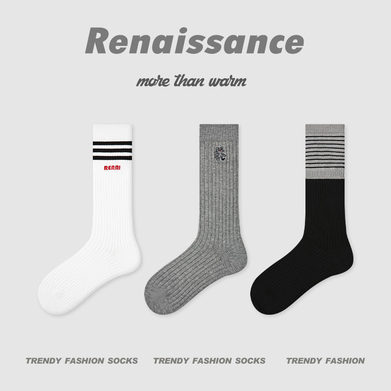 Mid Calf Striped Combed Cotton Socks For Daily Wear