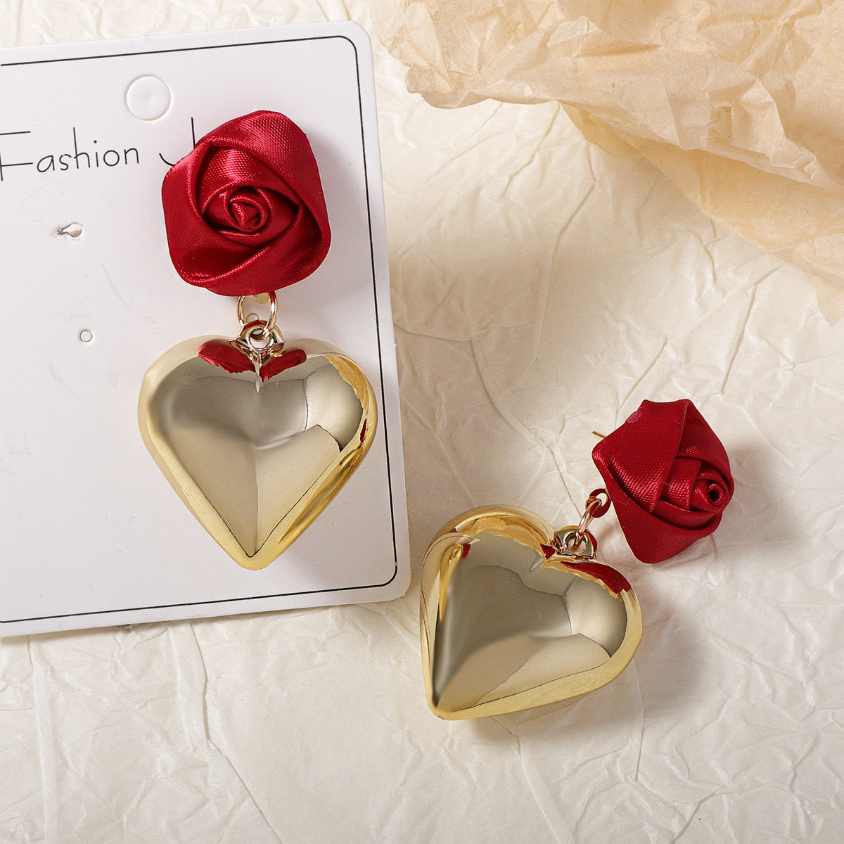 CCB Sculpted Rose Heart Drop Earrings Romantic Chic