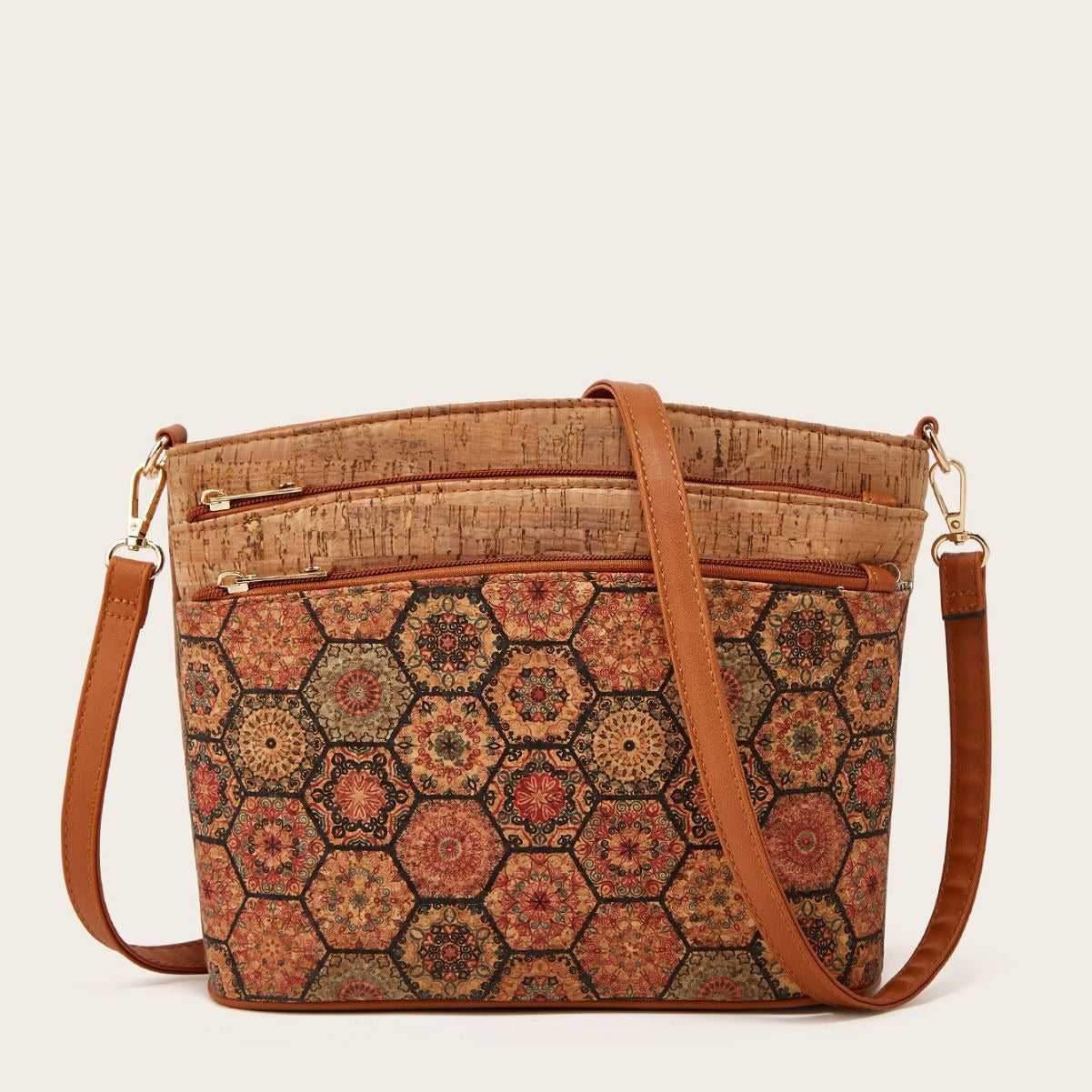 Vintage Cork Shoulder Bag Floral Design Olive Green