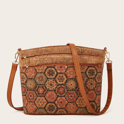 Vintage Cork Shoulder Bag Floral Design Olive Green