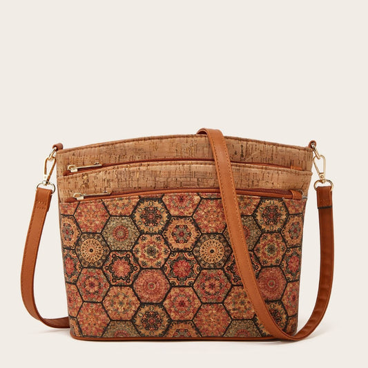 Vintage Cork Shoulder Bag Floral Design Olive Green