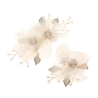 Beige Organza Flower Leaf Alloy Hair Clips Set Bridal Wedding Hair Accessories