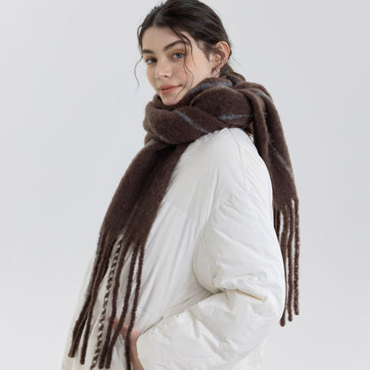 Retro Color-Block Fringed Wool Scarf for Men and Women