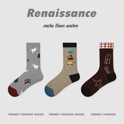 Butterfly Floral Combed Cotton Mid Calf Socks