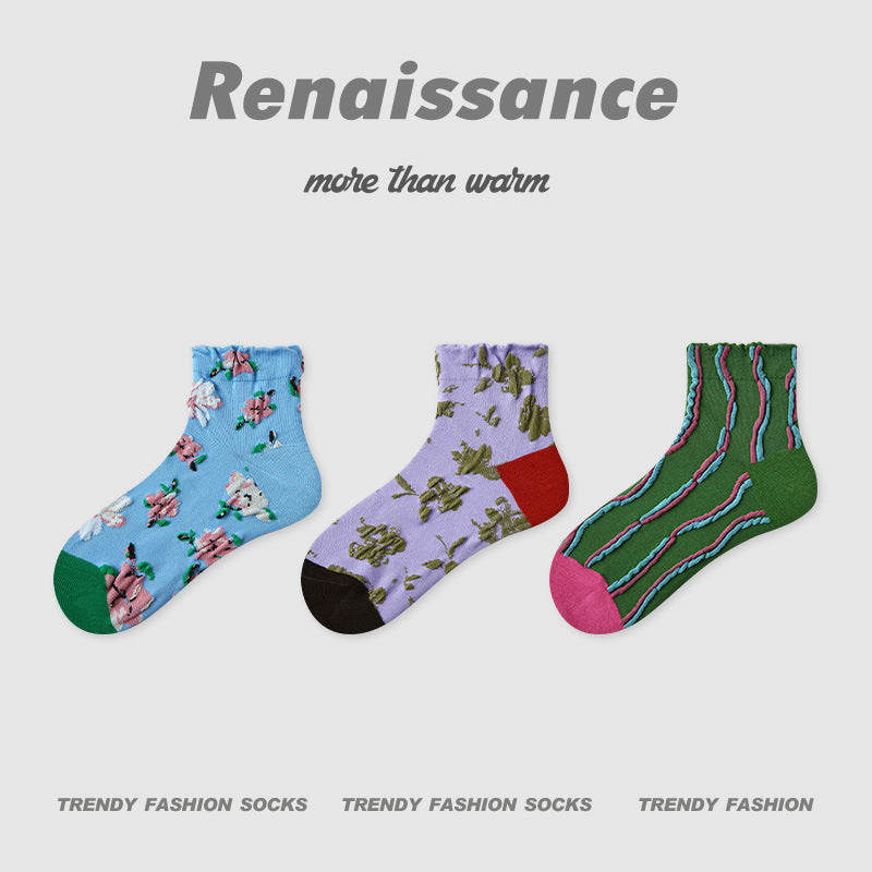 Socks Embossed Floral Combed Cotton Seamless Toe Casual