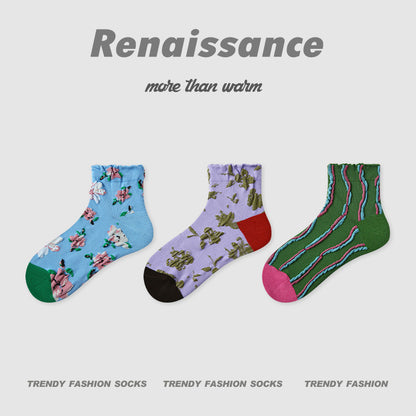 Socks Embossed Floral Combed Cotton Seamless Toe Casual