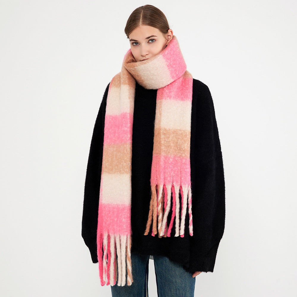 Plaid Fringed Scarf Warm Long Wrap for Women