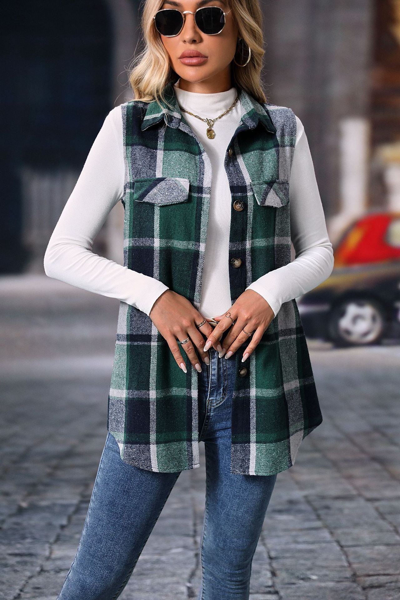 Trendy Checkered Sleeveless Vest Loose Fit Coat