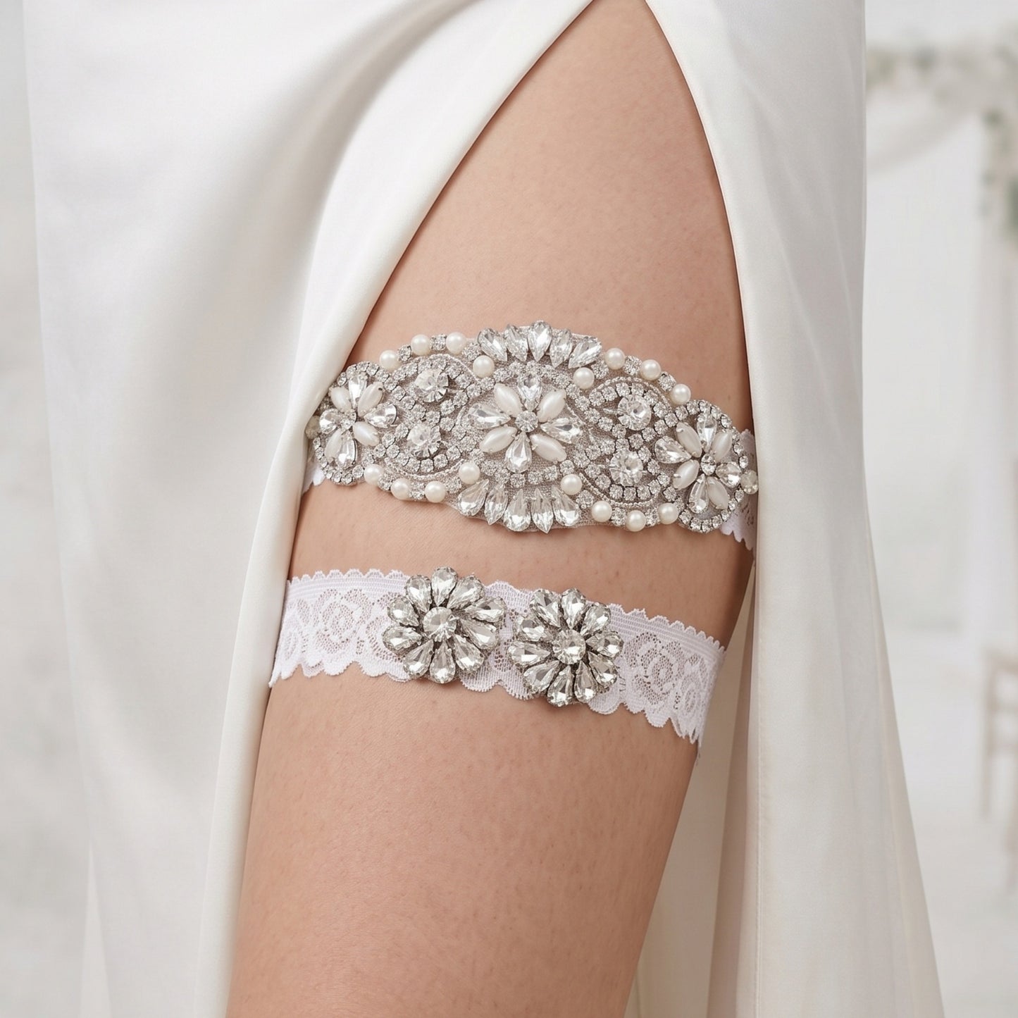 Bridal Lace Garter Belt with Rhinestones and Pearls for Elegant Weddings